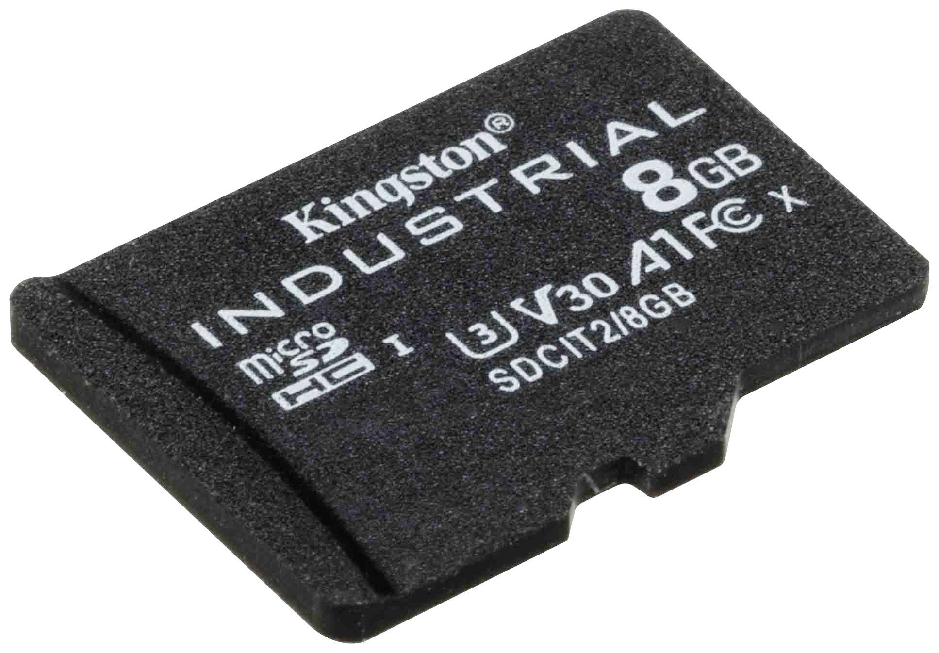 'Kingston Industrial' microSD-geheugenkaart met 8 GB capaciteit, geschikt voor veeleisende omgevingen, zwarte kleur.