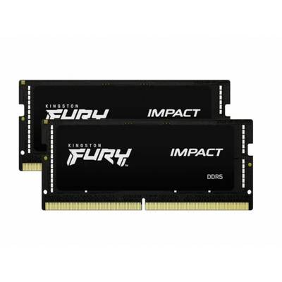 Twee Kingston Fury Impact DDR5 SODIMM-RAM-modules, zwart met witte tekst, liggen naast elkaar.