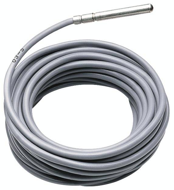 Grijs, opgerold kabel met een metalen stekker aan het uiteinde, mogelijk bedoeld voor elektronische apparaten of sensoren.