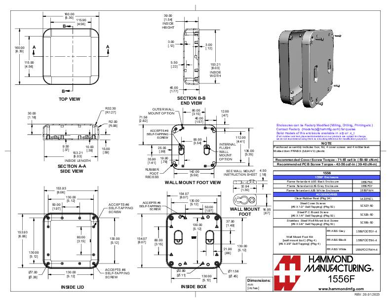Tekening van een rechthoekig metalen behuizing met meerdere aanzichten en afmetingen. Bevat technische details en specificaties.