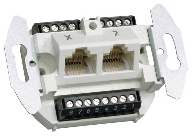 Modulaire netwerkaansluitblok met twee RJ45-poorten en meerdere schroefaansluitingen voor het aansluiten van netwerkkabels.