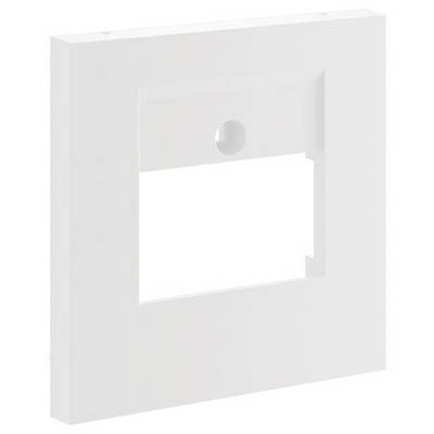 Een witte, vierkante kunststof afdekking met een centrale rechthoekige uitsparing en een kleine ronde opening bovenaan.