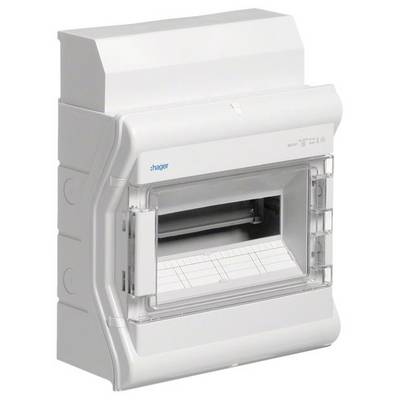 Een witte zekeringenkast van Hager, met transparante voorafdekking, geschikt voor installatie in woon- of bedrijfspanden.