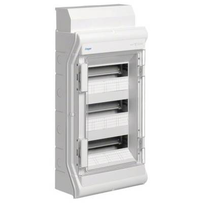 Een witte zekeringkast met een transparante deksel, bestaande uit drie rijen voor zekeringen of schakelapparatuur, aan de muur gemonteerd.