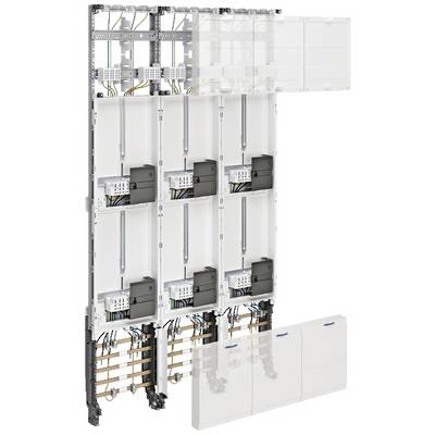 Ontploffingstekening van een technische schakelkast met meerdere verticale modules, kabels en schakeldozen, voor gedetailleerde weergave.