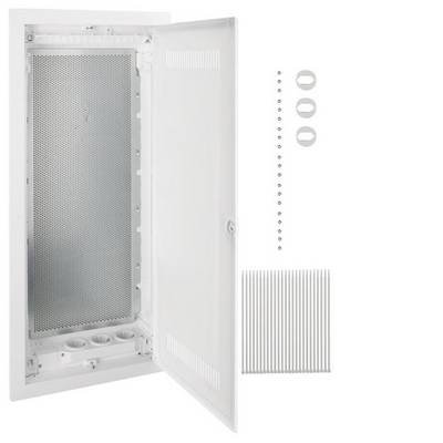 Een witte verdeelkast met een open deur is afgebeeld. Ernaast liggen enkele kleine ronde componenten en een set kabelbinders.
