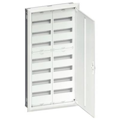 Elektrische schakelkast met open deur, toont meerdere niveaus van lege dragers voor elektrische componenten, geschikt voor installatie in gebouwen.