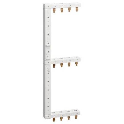 Witte elektrische verzamelrail met meerdere kopercontacten, gebruikt voor het verbinden van schakelaars of beveiligingsapparatuur in een verdeler.