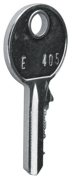 Metalen sleutel met de inscriptie 'E 405', vertoont een eenvoudig ontwerp zonder opvallende kenmerken, bruikbaar voor het sluiten van een specifiek slot.
