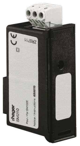 Een zwarte elektrische kilowattuurmeter van Hager, model SM210, met drie aansluitklemmen bovenaan. CE- en ZR0711-markeringen zichtbaar.