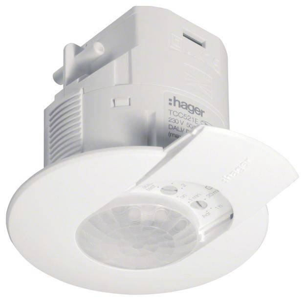 Een witte, slanke bewegingsmelder voor plafondmontage met een ronde sensor en instelknoppen aan de zijkant.