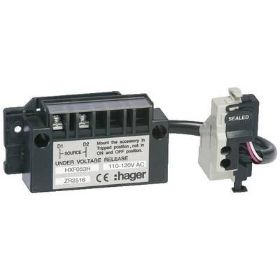 Onderspanningsuitlöser van Hager met aanduiding HXF053H, 110-120V AC, inclusief D1 en D2 aansluitingen en schakelaar.