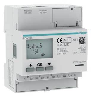 Een witte Modbus-teller met digitaal display en bedieningsknoppen. Opschrift 'Modbus / SA', geschikt voor energiebewaking.