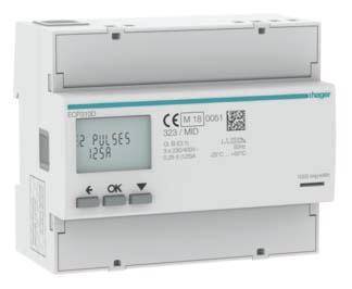 Een elektronische energiemeter met digitaal display toont '2 PULSE 125A'. Merknaam en technische gegevens zijn zichtbaar.
