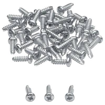 Een hoop zilveren metalen schroeven en drie afzonderlijke schroeven daaronder. De schroeven hebben een kruiskop-profiel.