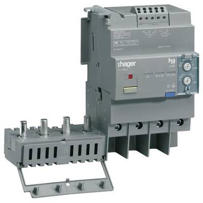 Een grijze elektrische vermogensschakelaar van het merk Hager, model h3, staat voor een geopende aansluitblok, weergegeven in een technische omgeving.