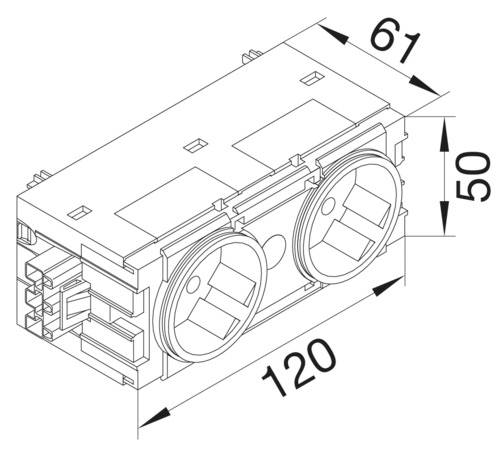 Technische tekening van een rechthoekige, dubbele wandcontactdoos met de afmetingen: lengte 120 mm, breedte 61 mm, hoogte 50 mm.