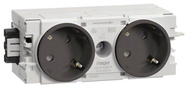 Witte dubbele wandcontactdoos van Hager voor elektrische aansluiting, geschikt voor 250 V, 16 A.