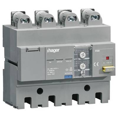 Een grijze vermogensschakelaar van Hager met vier aansluitingen en RESET-knop. Geschikt voor spanningen van 240-415 V en stromen tot 100 A.