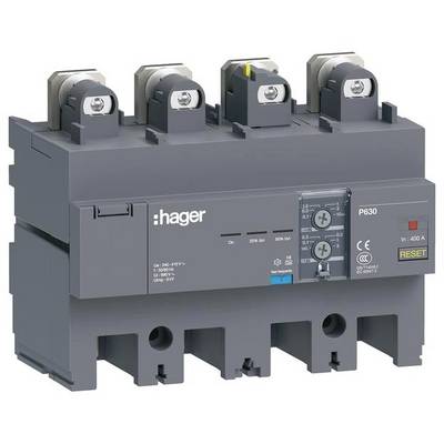 Elektrische vermogensschakelaar van Hager, model PG630, grijs, met vier aansluitklemmen en labels voor bediening en veiligheid.