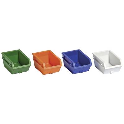 Vier rechthoekige kunststof containers in de kleuren groen, oranje, blauw en wit, op een rij geplaatst.