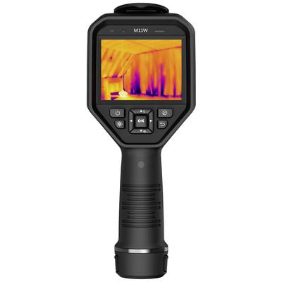 Warmtebeeldcamera toont warmteverdeling in een ruimte, veroorzaakt door verschillende temperatuurgebieden. Scherm in geel en oranje.