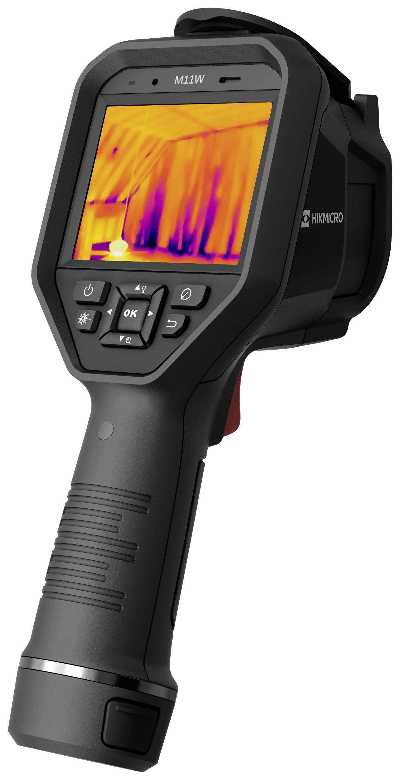Infraroodcamera in de hand, toont een warmtebeeldopname op het display. Gebruikt voor lekdetectie en inspectie.