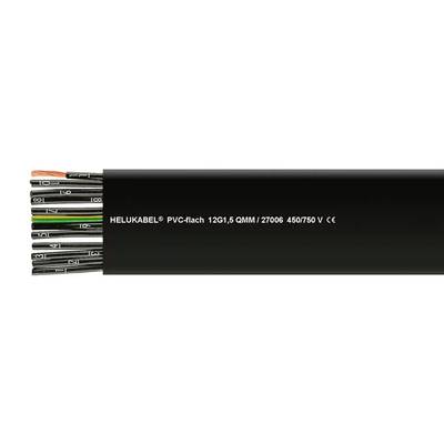 Zwart plat kabel met meerkleurige binnenkabels en opdruk 'HELUKABEL® PVC-plat 12G1,5 QMM / 27006 450/750 V CE'.