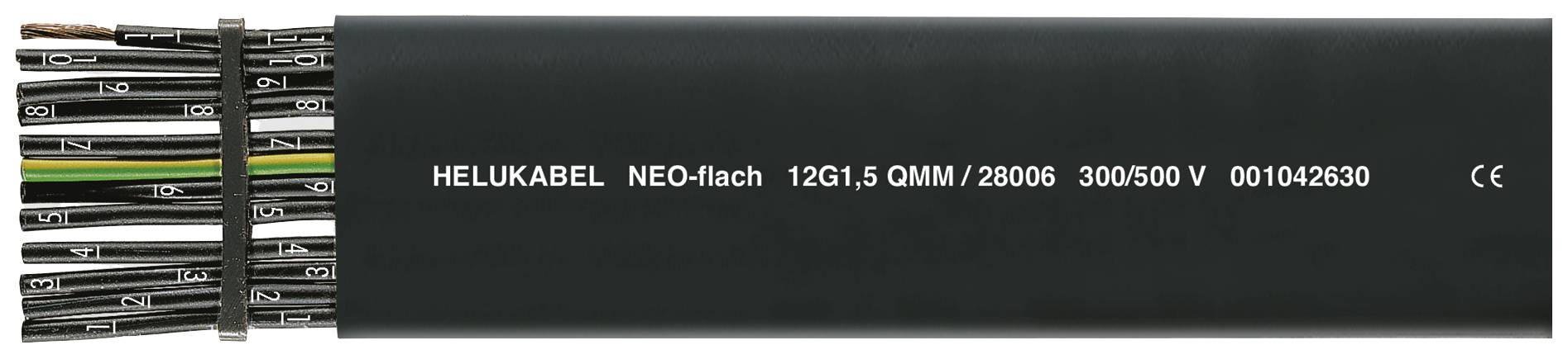 Platte kabel met zwarte mantel en meerdere gekleurde draden. Opschrift: 'HELUKABEL NEO-plat 12G1,5QMM/28006 300/500V 001042630'.