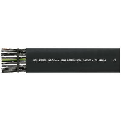 Platte kabel met zwarte mantel en meerdere gekleurde draden. Opschrift: 'HELUKABEL NEO-plat 12G1,5QMM/28006 300/500V 001042630'.