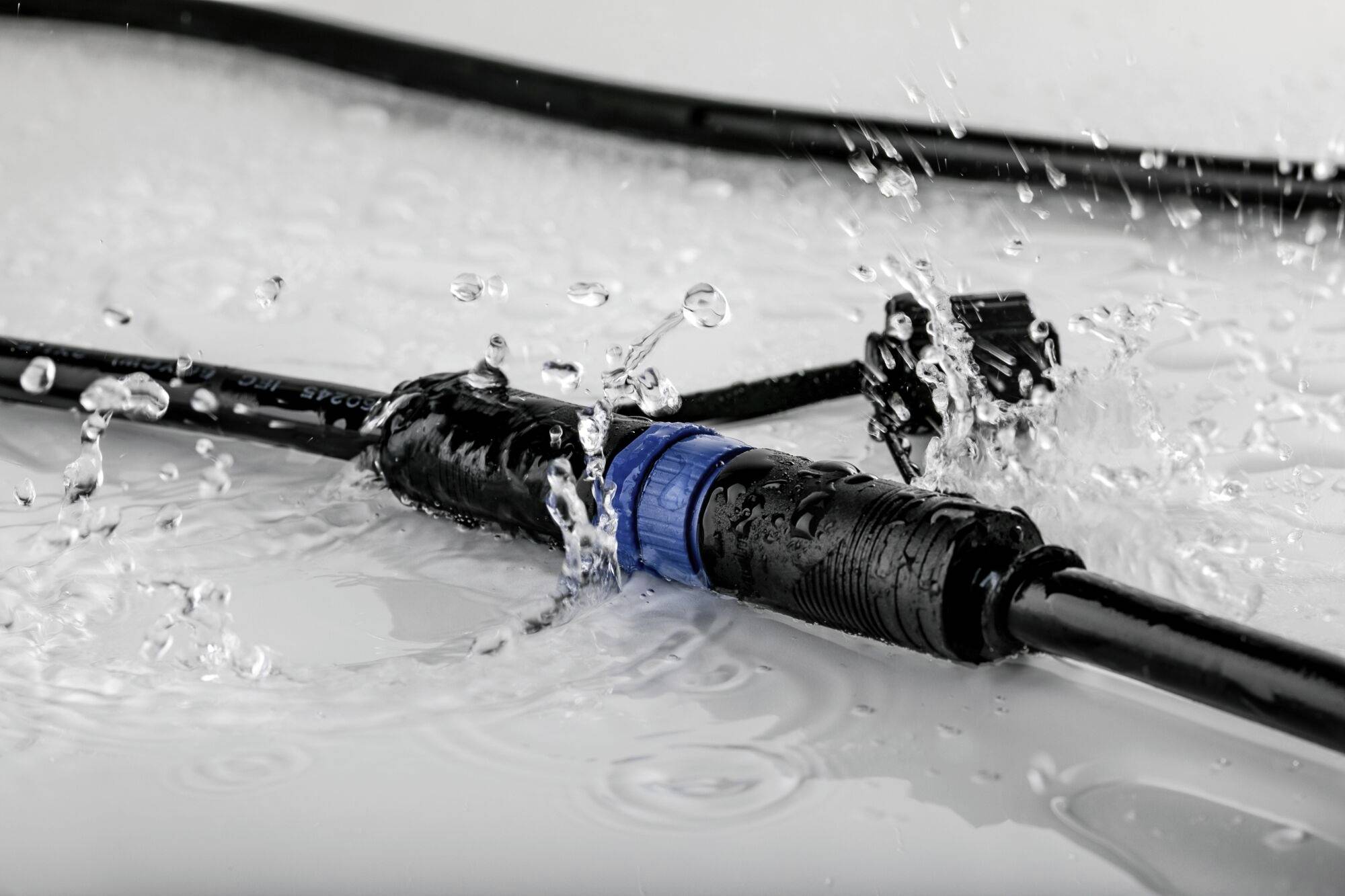 Een waterdichte connector op een natte oppervlakte, omgeven door opspattend water, toont de robuustheid in een vochtige omgeving.