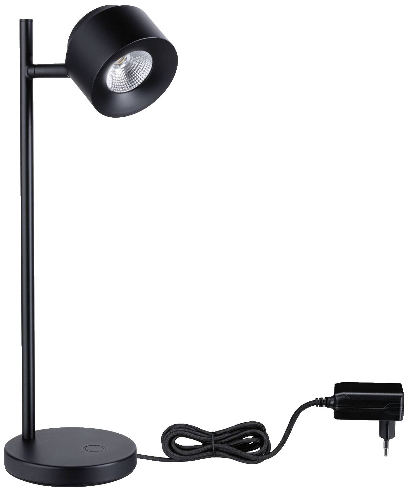 Zwarte tafellamp met kabel en stekker, modern design, geschikt voor bureaus of nachtkastjes.