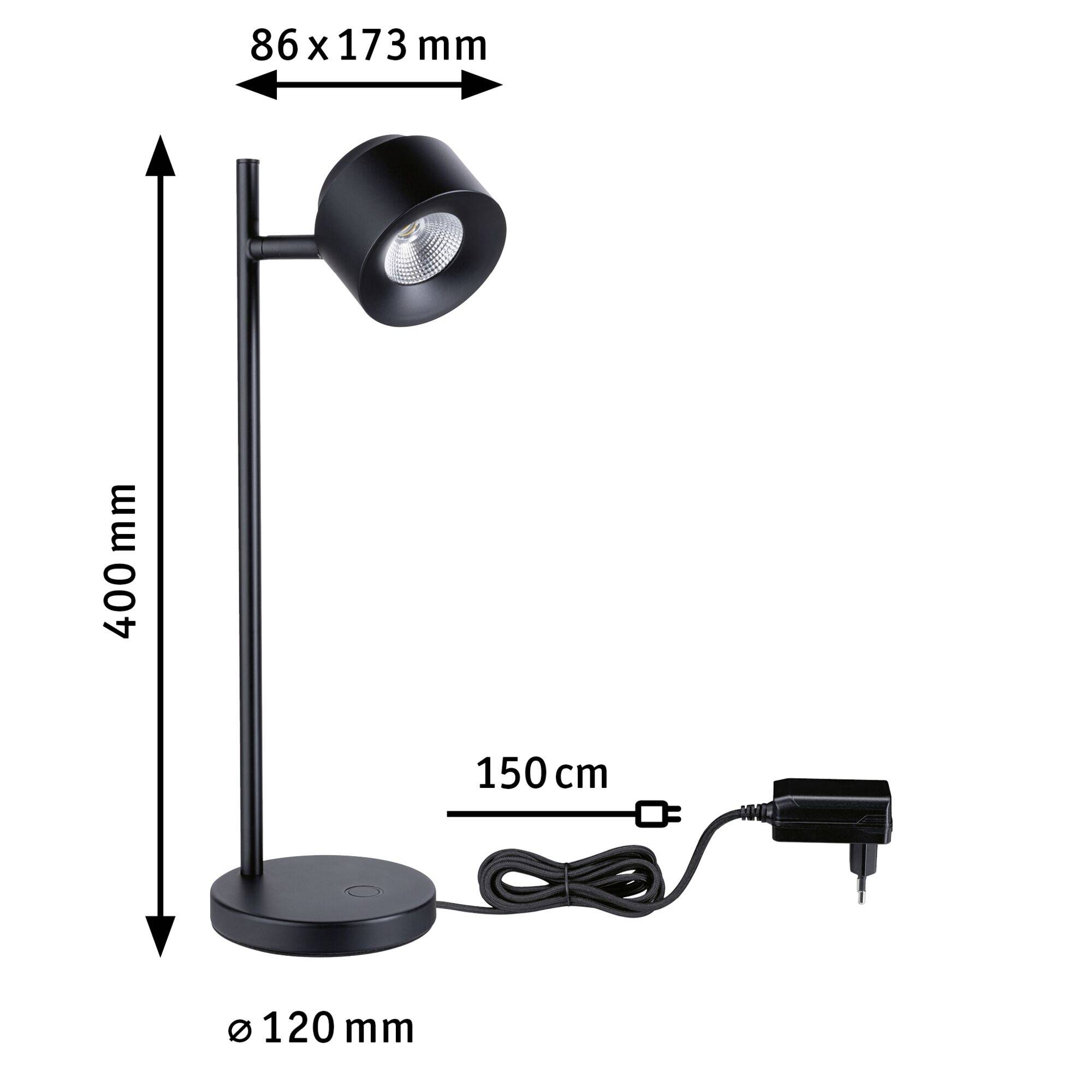 Zwarte tafellamp met ronde voet, 400 mm hoog, lampenkop met 86 mm diameter, 173 mm lengte. Kabel: 150 cm. Voetdiameter: 120 mm.