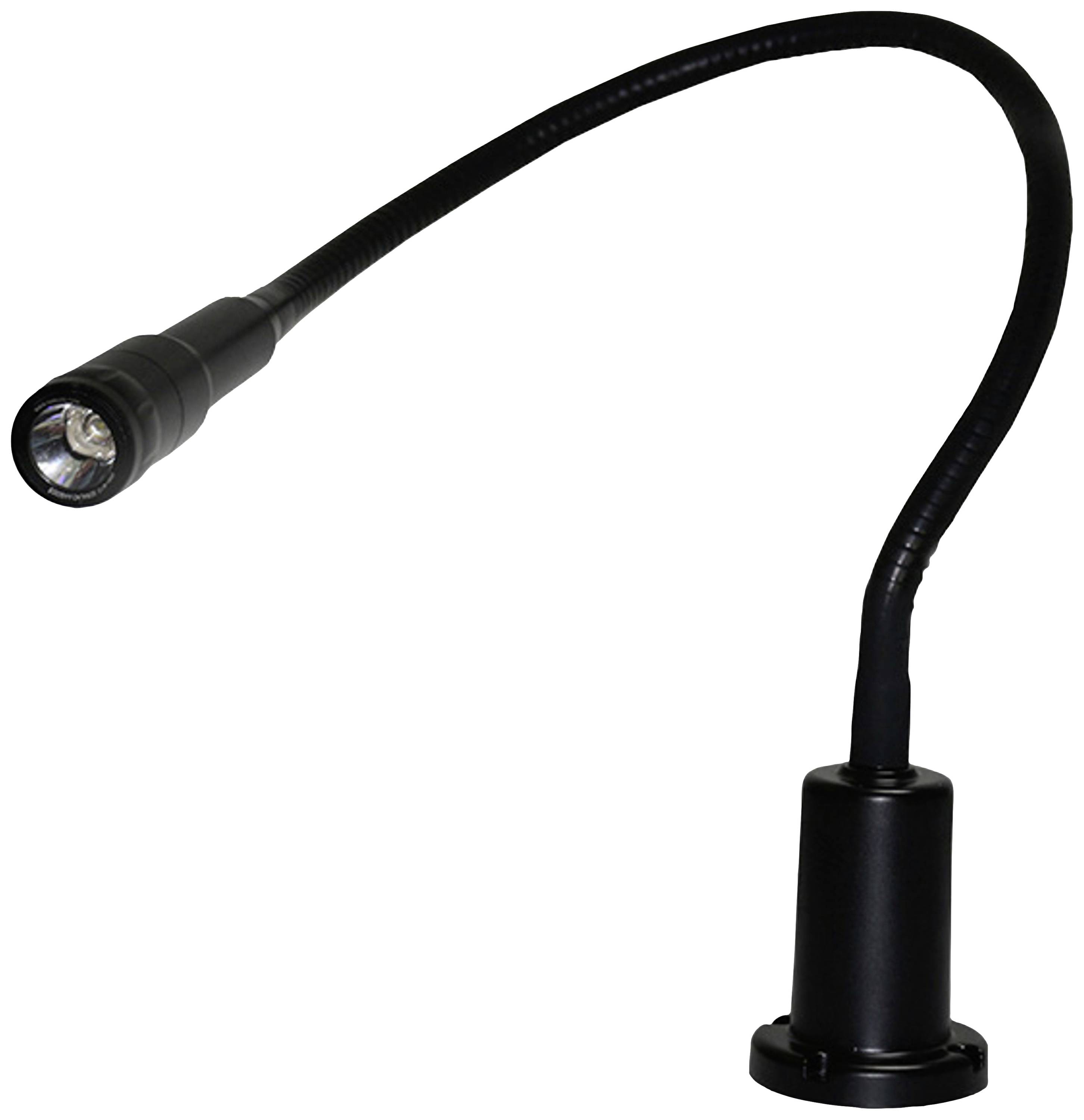 Een flexibele, zwarte leeslamp met een lange, buigzame hals en een kleine lampenkap. Ideaal voor gerichte verlichting.