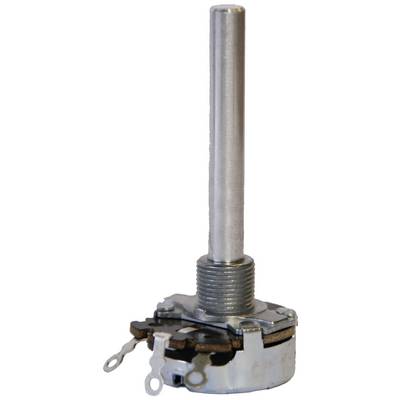 Een verticale metalen potentiometer met een lange as en drie aansluitingen aan de basis.