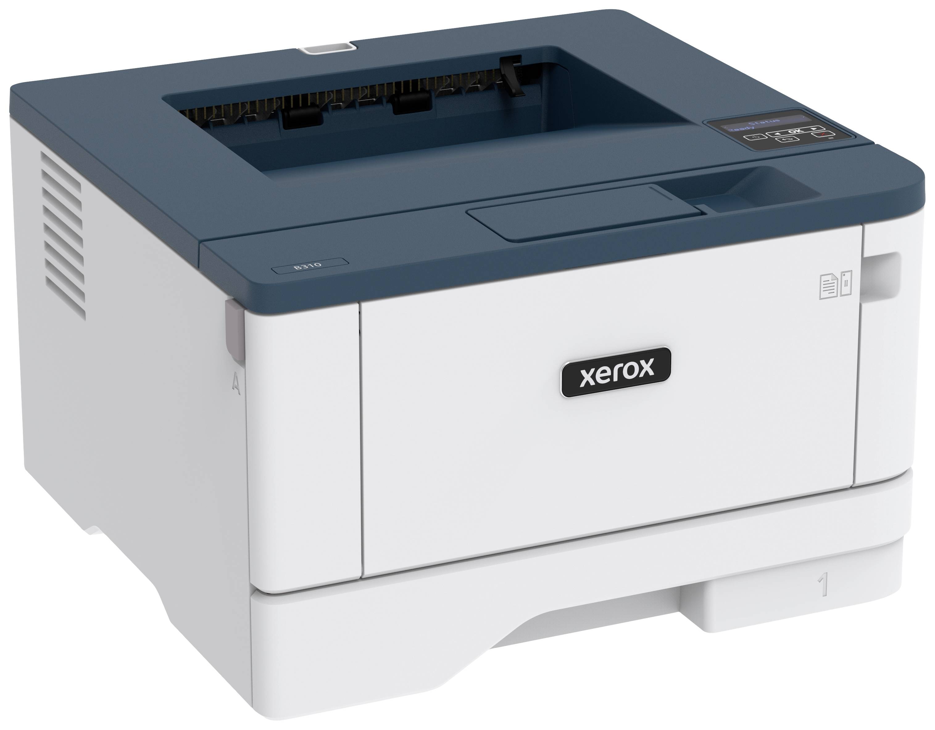 Een grijs-witte laserprinter van Xerox met een bovenste papieruitvoerlade en een blauwe bovenste afdekking.