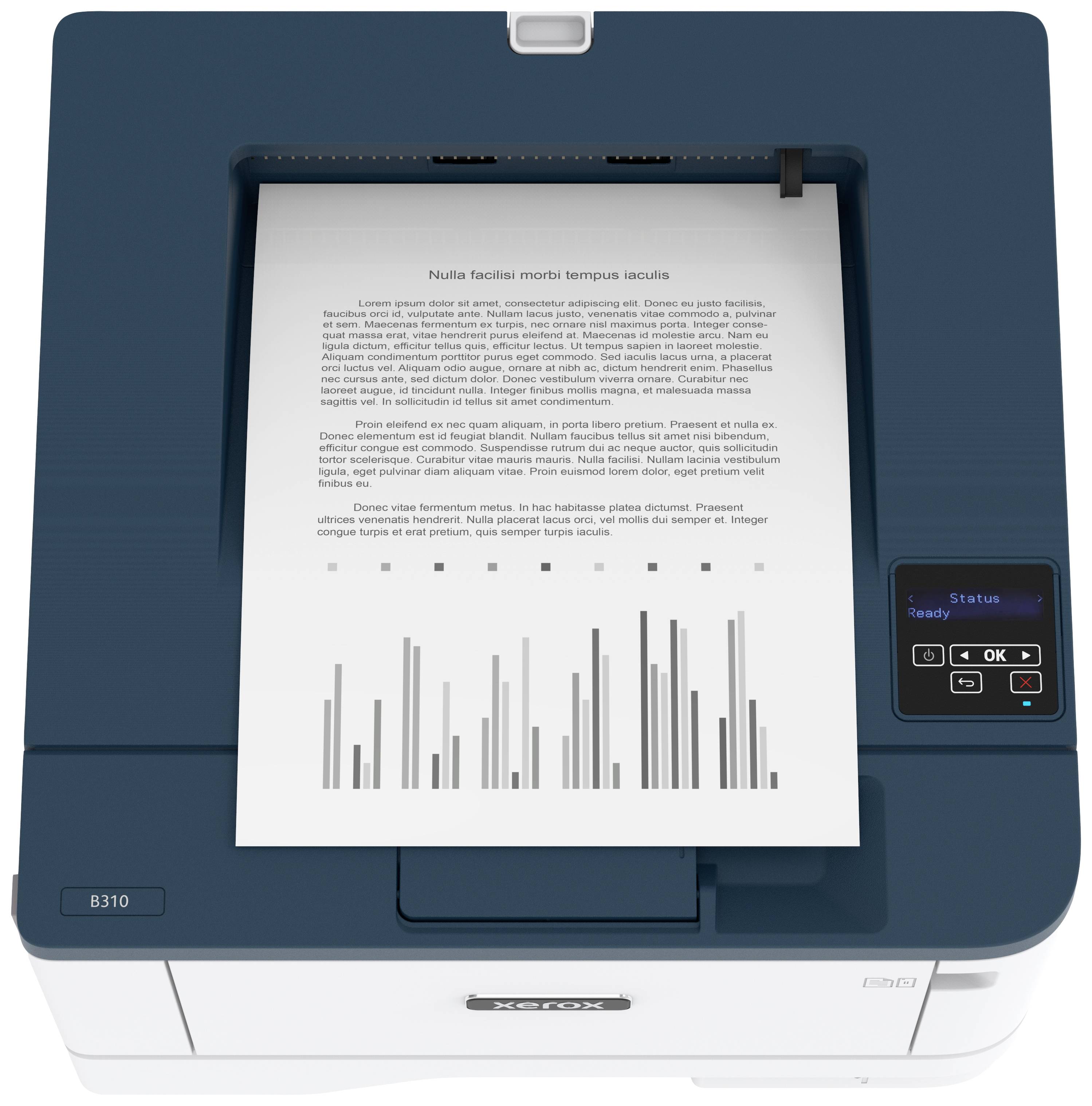 Printer van bovenaf met een gedrukt tekstdocument en staafdiagram. Scherm rechts toont statusbalk.