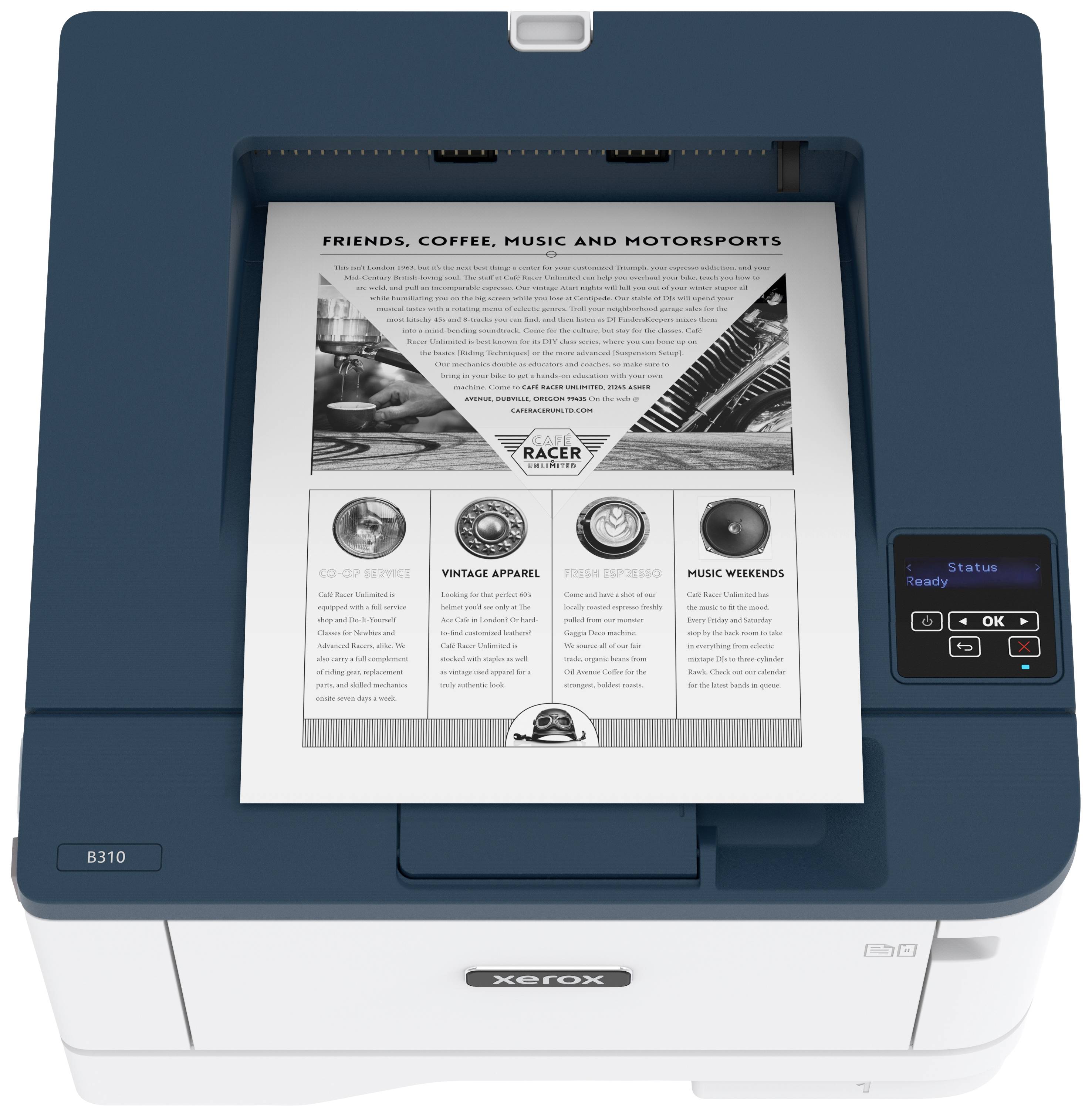 Een printer die een pagina afdrukt met de tekst 'Vrienden, Koffie, Muziek en Motorsport' bovenaan en verschillende afbeeldingen eronder.