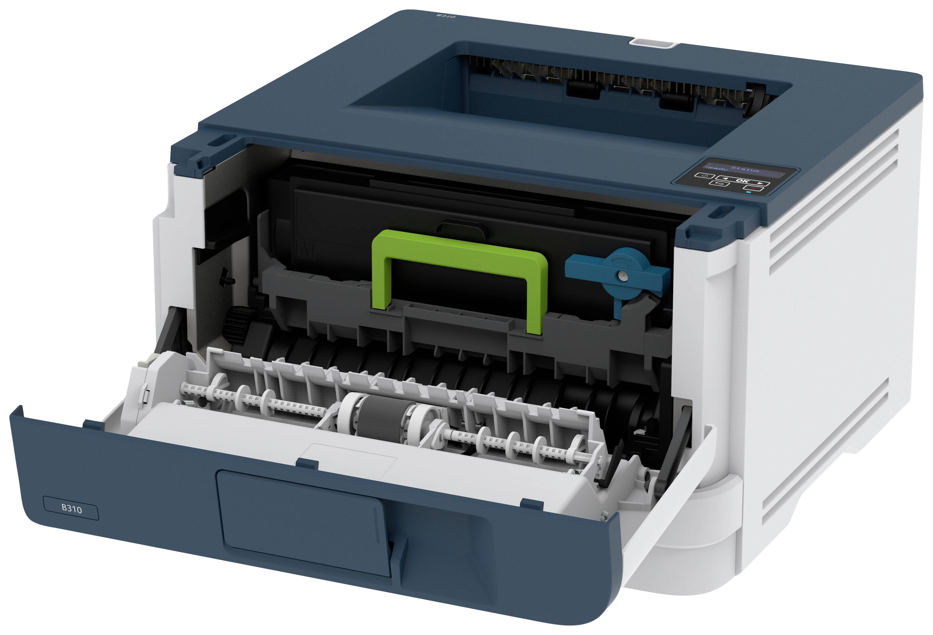 'Printer met geopende voorklep. Zichtbare interne componenten zoals papierrollen en groene vergrendeling. Modelnummer RX50.'