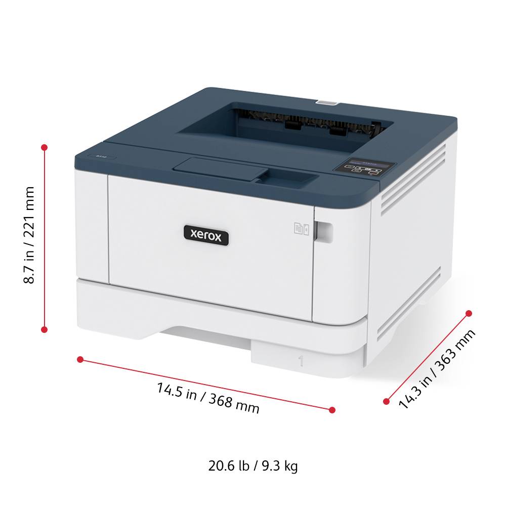 Driedimensionaal beeld van een Xerox-printer met afmetingen: 14,5 inch breed, 14,3 inch diep, 8,7 inch hoog; gewicht: 20,6 lb.