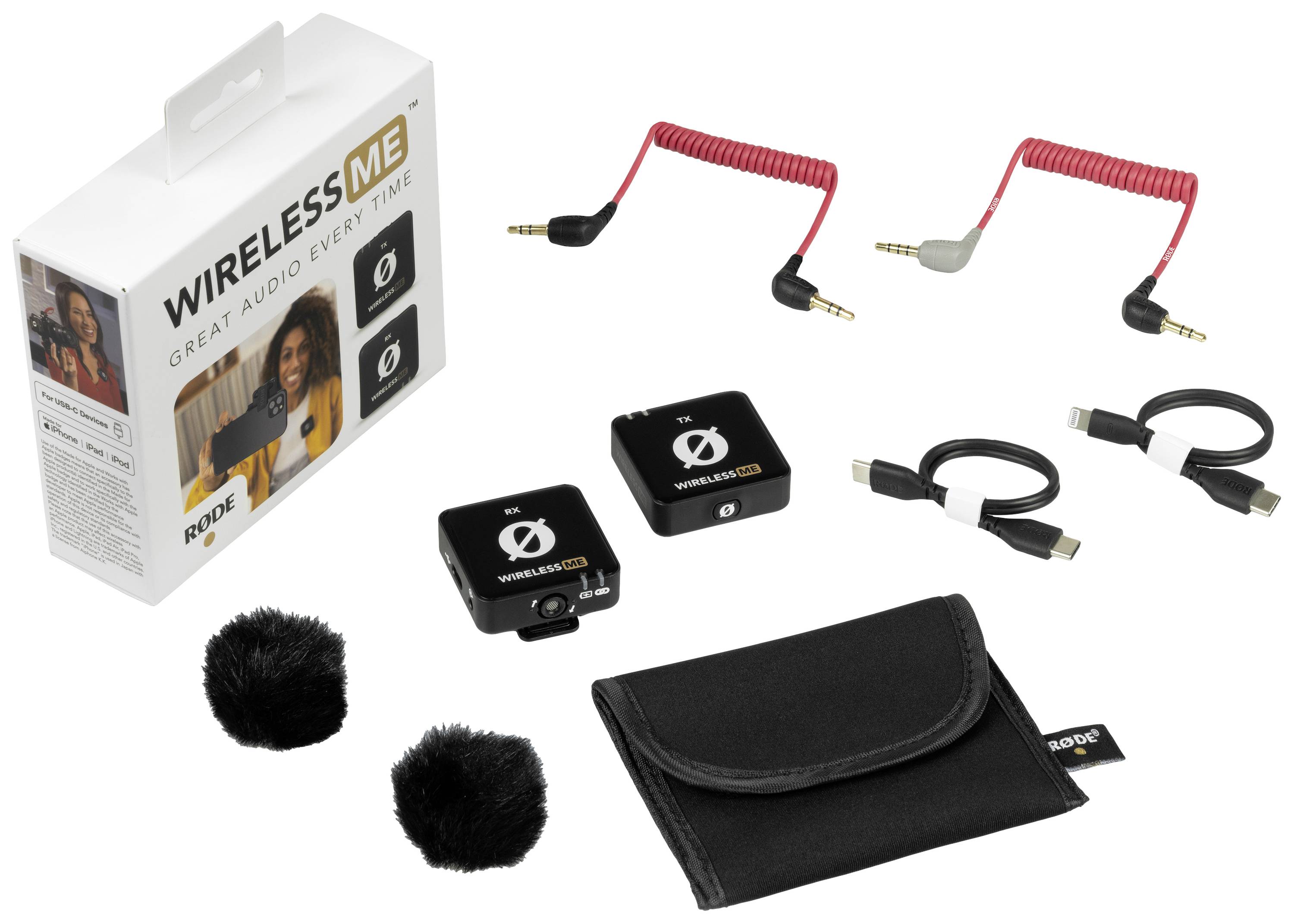 Draadloze microfonset met twee ontvangers, twee kabels, twee windkappen, een tas en een verpakking.