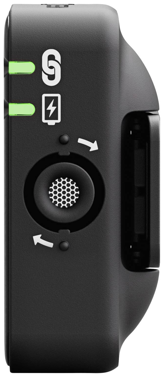 Zijaanzicht van een zwart elektronisch apparaat met twee groene led-lampjes en een ontwerp met pijltoetsen. Symbolen voor wifi en batterijstatus zichtbaar.