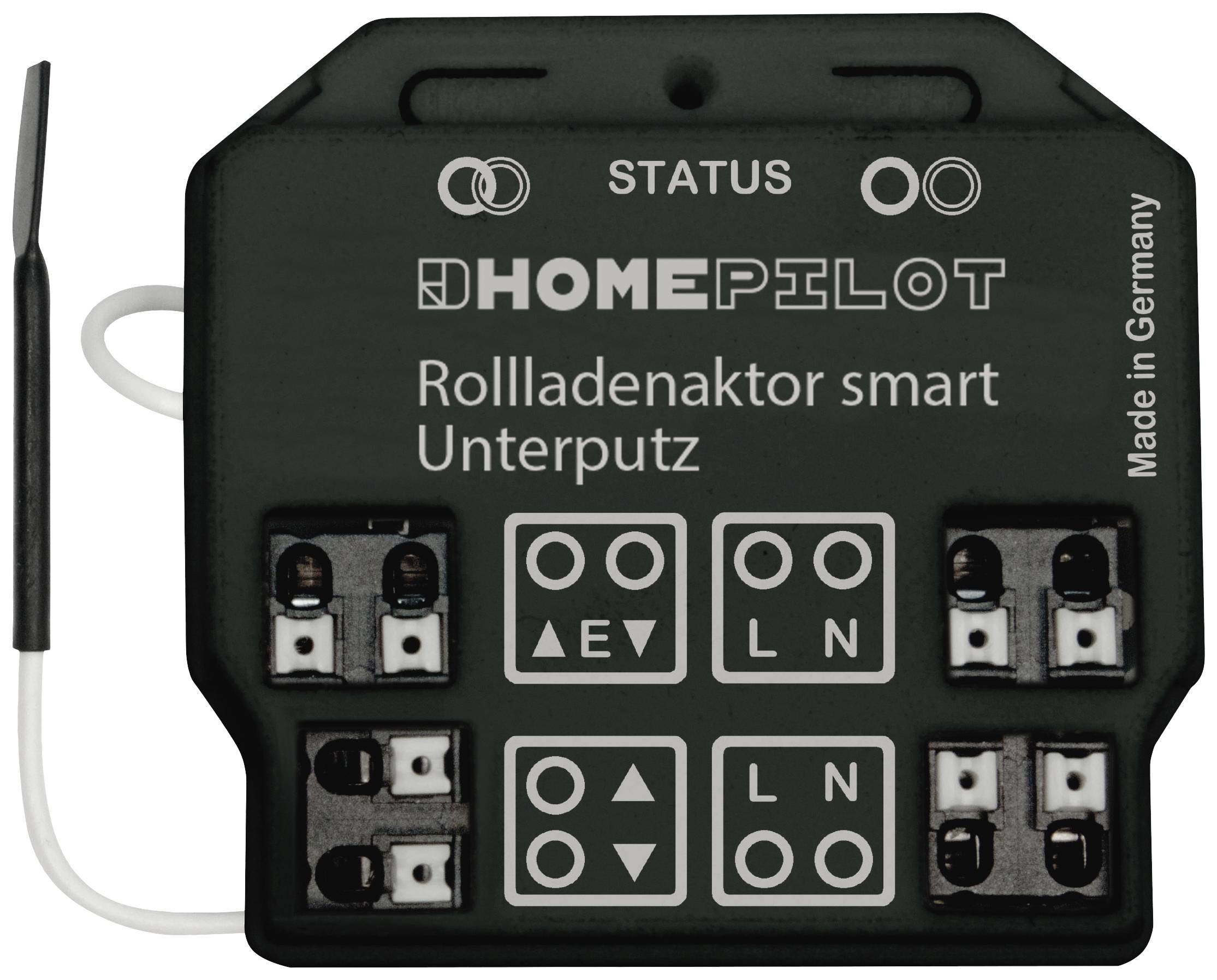 Zwart rolluikmotor-apparaat met opschrift 'HomePilot'. Vier aansluitgebieden, toetsen voor Omhoog/Omlaag en Stop, Made in Germany.