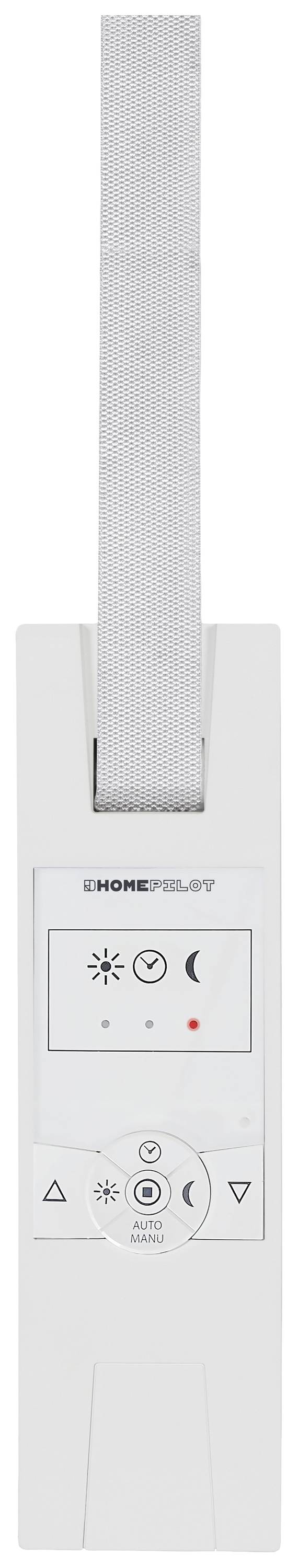 Afstandsbediening voor een rolluiksysteem met knoppen voor Omhoog, Omlaag en Stop, evenals symbolen voor zon en maan. Een band is bovenaan bevestigd.