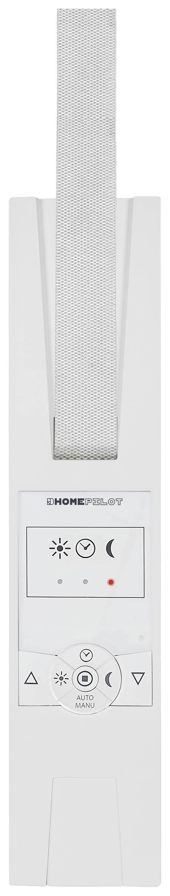 Witte afstandsbediening met bedieningspaneel voor jaloezieën of rolluiken. Bevat symbolen voor Omhoog, Omlaag, Stop en verschillende lichtintensiteiten.