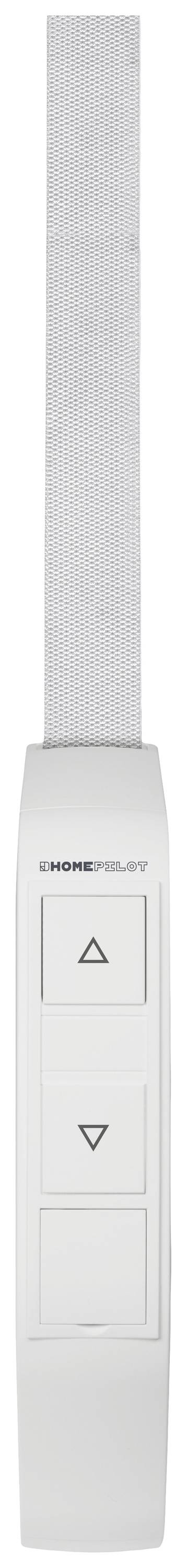 Afstandsbediening met twee knoppen, pijl omhoog en pijl omlaag, bevestigd aan een band.