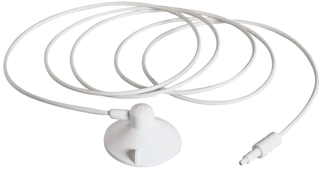 Een lange, witte kabelorganizer met een kleine ronde basis en een stekker aan het eind. Hij wordt gebruikt voor het netjes opbergen en beheren van kabels.