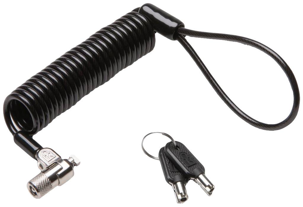 Een zwart, spiraalvormig kabelslot met een metalen lus, ernaast twee sleutels aan een sleutelring.