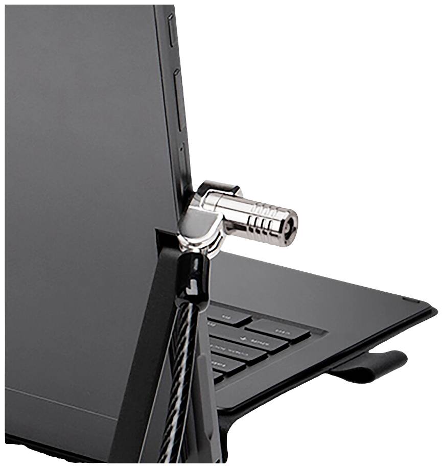Een slot beveiligt een laptop aan de zijkant. De kabel van het slot is zichtbaar om diefstal te voorkomen.