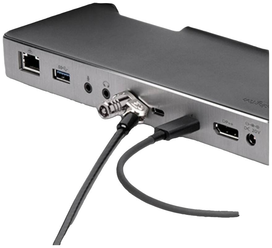 Een dockingstation met meerdere aansluitingen: USB, Ethernet, Audio, HDMI, DisplayPort en voedingskabel.
